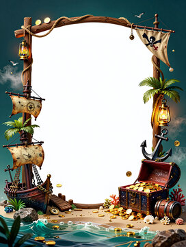 Pirate island adventure frame with ship treasure and hanging maps