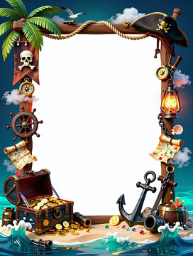 Tropical pirate treasure border with palm trees and ocean waves