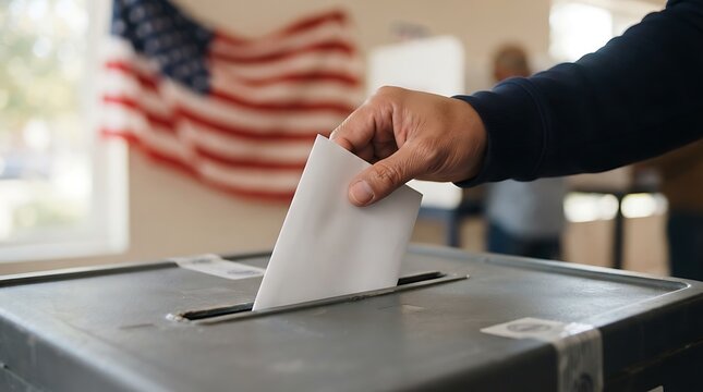 Casting a Vote: A close-up shot captures a hand dropping a ballot into a voting booth, with the American flag in the background, symbolizing civic duty and democratic participation.