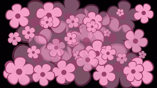 A 45 second motion graphic showcasing vibrant pink flowers with five rounded petals and darker centers, dynamically spinning, moving, and gracefully fading in and out against a gradient color back.