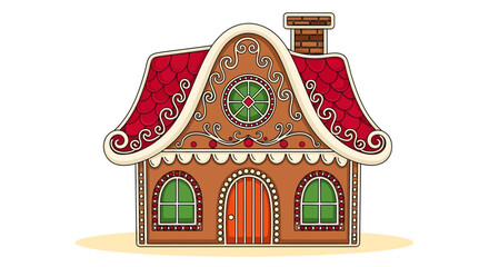 Naklejka premium Whimsical cartoon cottage with ornate roof and bright doorway.