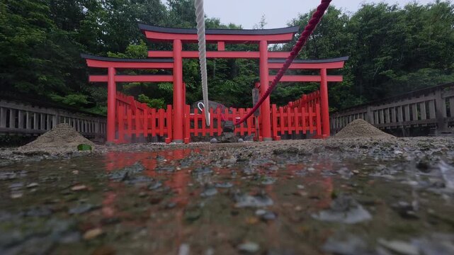 Red Torii Gate in Heavy Rain Reflection Kamado Shrine Fukuoka 4K