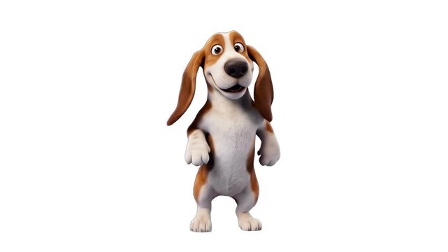 Cute 3D animated Basset Hound dog character with floppy ears standing on two legs isolated over a plain white background. Great for veterinary clinic promos, pet food brand ads, funny animal videos, c