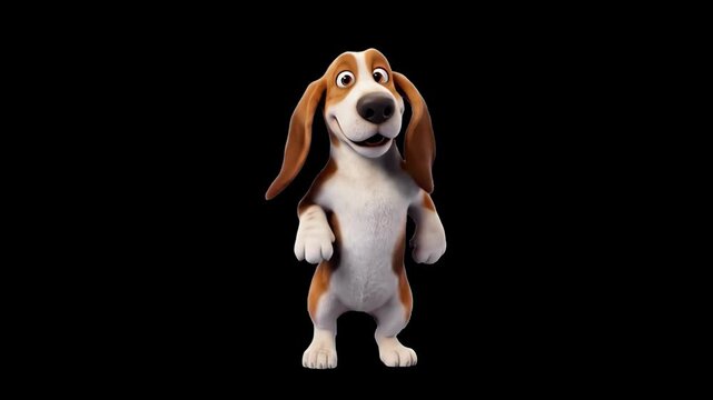 Cute 3D animated Basset Hound dog character with floppy ears standing on two legs isolated over a dark black background. Perfect for pet care advertising, funny dog animations, mascot marketing, mobil