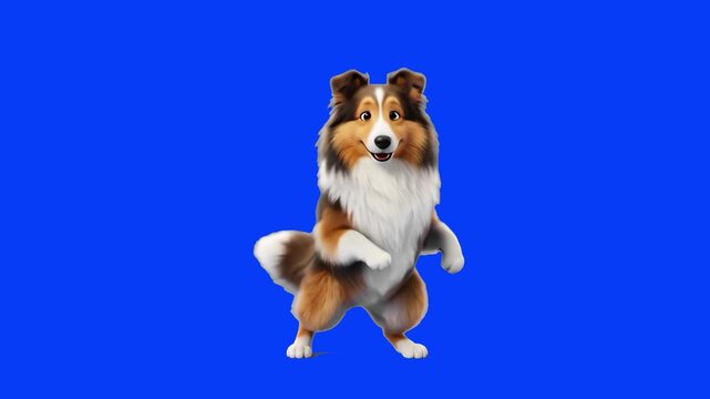 A fluffy 3D animated Sheltie Collie dog dancing happily on its hind legs against a solid blue background. Ideal for pet care promotions, children's videos, and entertaining commercial overlays.