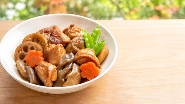 筑前煮 鶏肉と根菜を彩りよく煮た白い鉢の初秋の和食おかず