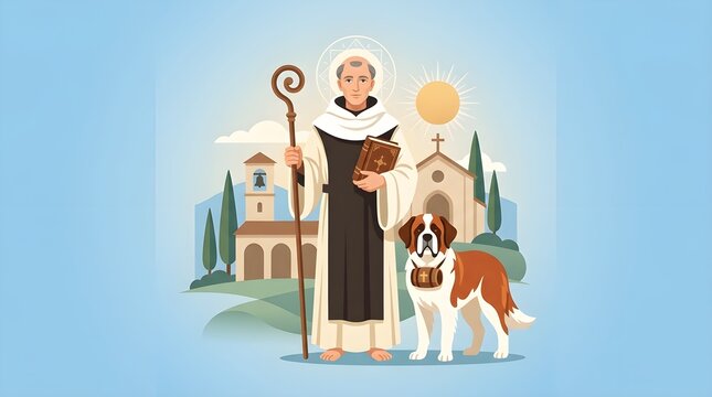 Feast Day of St Bernard Vector Illustration with Saint Bernard, Rescue Dog, Crosier Staff, White Dove, Grapes, and Floral Arch