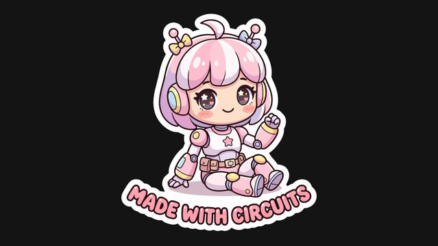 Cute Kawaii robot girl with pink hair and headphones, sitting and waving, with text "Made with Circuits".