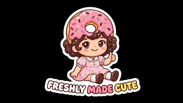 Adorable cartoon girl with a donut on her head, giving a thumbs up, with text 'FRESHLY MADE CUTE'.