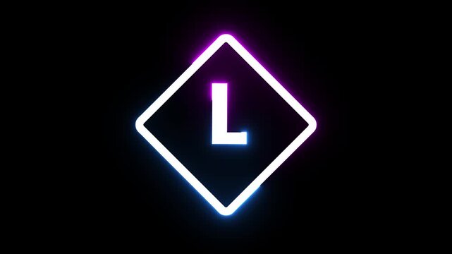 Neon glowing letter l inside diamond frame pulsates against dark background motion graphic.