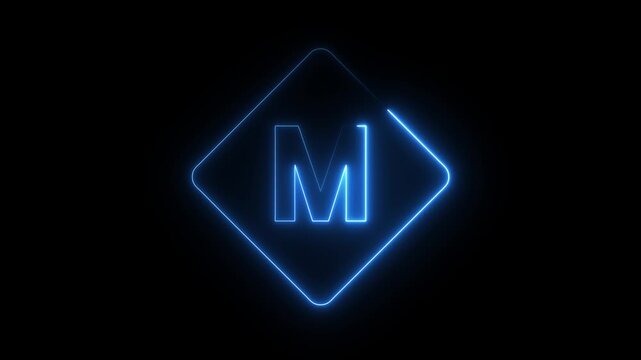 Neon blue letter M animation glowing inside diamond shape on dark black background motion.