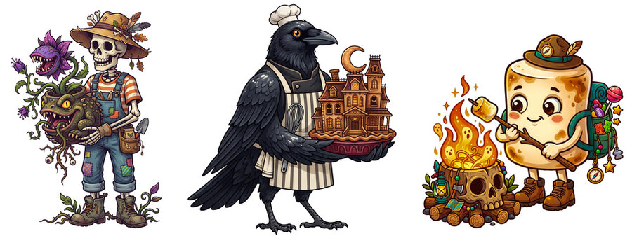 Halloween Characters Cartoon Set, Skeleton Gardener With Monster Plant, Raven Chef Holding Gingerbread Haunted House, Marshmallow Scout Roasting Over Skull Campfire, transparent PNG