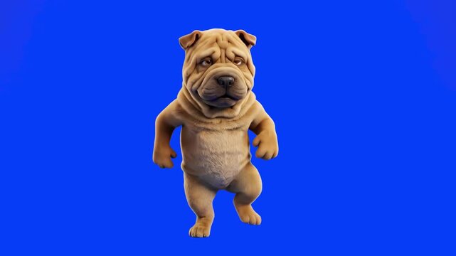 A charming 3D cartoon rendering of a wrinkled Shar Pei dog character dancing enthusiastically on two hind legs, isolated against a solid blue backdrop. Ideal for pet care promotions, veterinary clinic