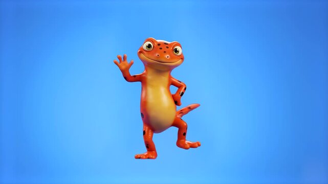 A charming 3D render of an orange gecko with red spots, standing on two legs and waving friendly towards the viewer, isolated against a solid blue backdrop. Perfect for reptile care ads, children's st