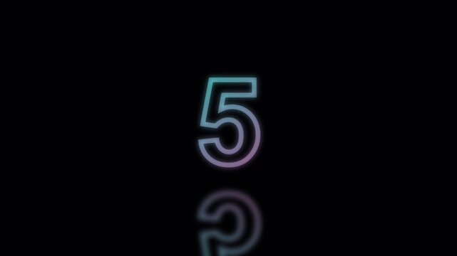 Numbers 10 8 6 3 1 0 count down with neon glow and reflection on black background