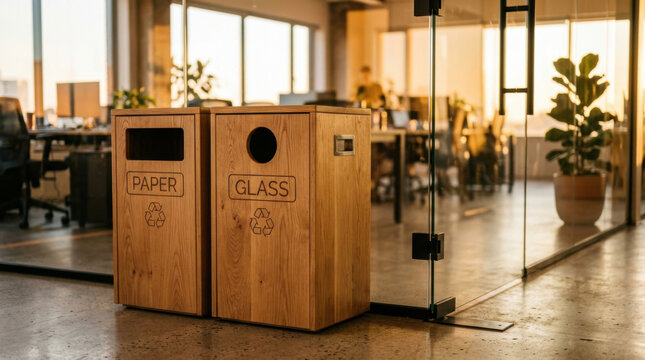 Wooden recycling bin pair in office interior, paper and glass container near glass wall
