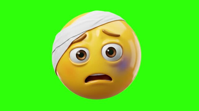 A high-quality 3D illustration of a sad yellow emoji character wearing a white head bandage and featuring a facial bruise, isolated on a bright chroma key green background. Perfect for medical video o