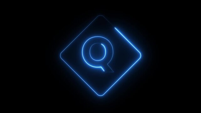 Neon blue letter q logo animation glowing inside rhombus shape on black digital background.
