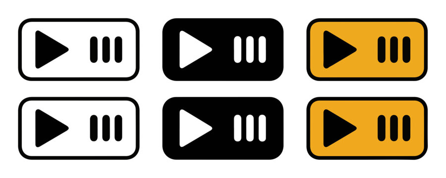 Minimalist play and pause button icons in black, white, and yellow for media controls.