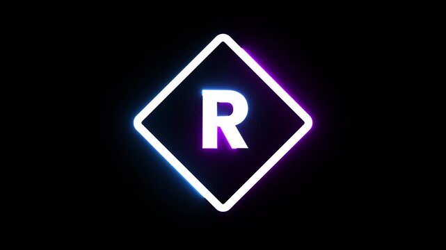 Neon glowing letter r inside rotating rhombus shape against dark black background video.