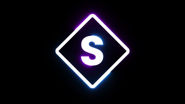 Neon glowing letter S inside diamond shape frame pulsing light on dark cinematic backdrop.