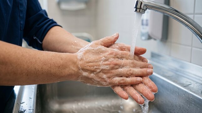 Closeup of senior hands lathered with soap while washing under running faucet in stainless sink