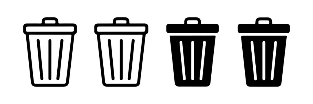 Outline and solid black trash can icons for delete, recycle, and waste management concepts.