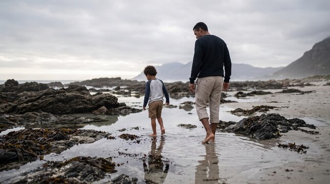 Mixed-race Brazilian father and little son exploring tide pools on a beach during a cloudy morning
