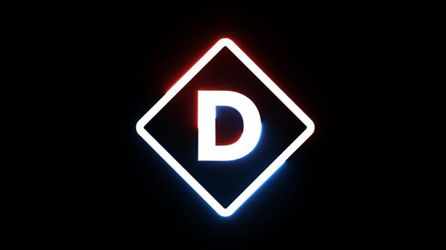 Neon glowing letter D inside diamond shape with flickering light motion on black background.