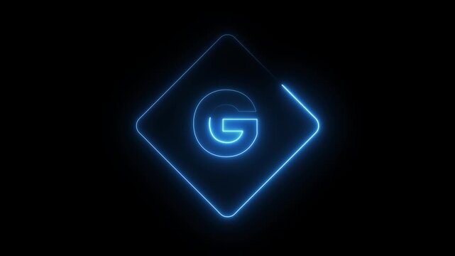 Neon blue letter G glowing inside diamond shape frame animation on black background footage.