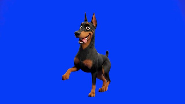 A lively 3D cartoon rendering of a smiling Doberman Pinscher dog character standing on three legs in a playful pose, isolated against a solid blue backdrop. Perfect for pet care marketing, veterinary 