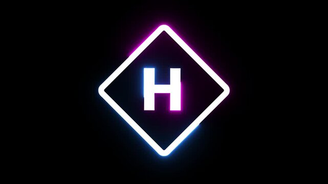 Neon glowing letter h inside rotating diamond shape with vibrant purple blue light effects.