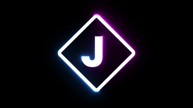 Neon letter j glowing in diamond frame with rotating pink and blue lights on black floor.