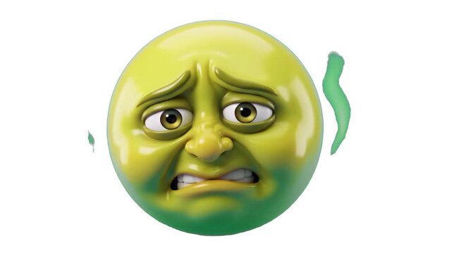 A 3D render of a green nauseated emoji character expressing disgust with stinky fume vapor, set against a clean white background. Perfect for medical infographics, health tutorials, and funny viral vi