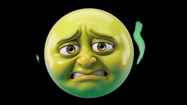 A glossy 3D green emoji character with a nauseated, disgust expression and green fumes, isolated on a black background. Ideal for social media reaction videos, illness concepts, and humorous motion gr