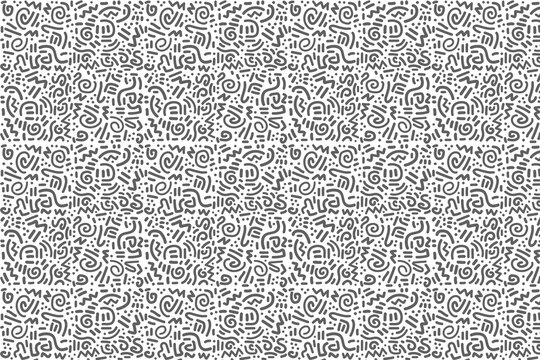 Abstract doodle line art seamless pattern illustration with hand drawn grayscale shapes, seamless
