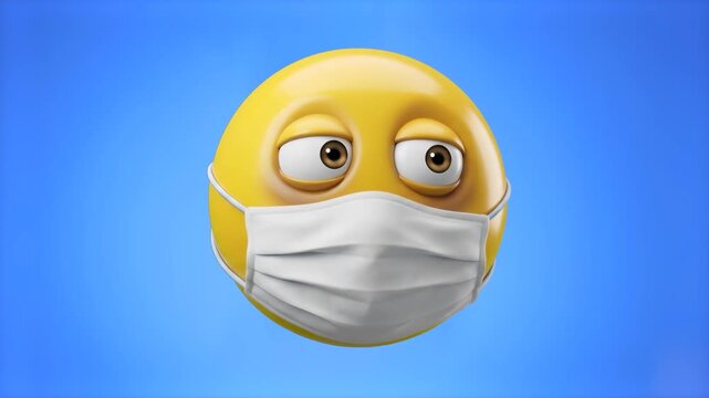 3D rendered yellow emoji character wearing a white face mask with sick eyes isolated on a bright blue background. Ideal for healthcare promos, flu season campaigns, medical advice videos, pandemic saf