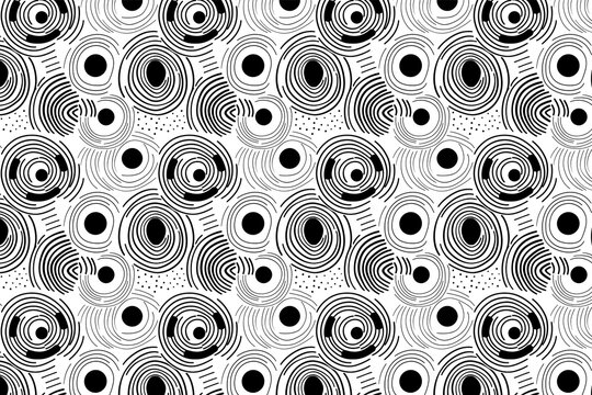 Seamless abstract illustration background with hand drawn concentric circles and polka dots in black