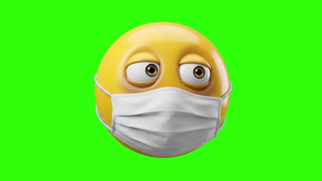 A 3D render of a yellow emoji wearing a white surgical face mask on a chroma key green background. Designed for seamless keying in health tutorials, medical announcements, and social media videos.