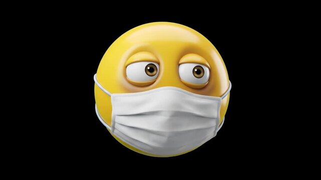 A glossy yellow 3D emoji character wearing a white protective medical face mask, set against a dark black background. Useful for healthcare concepts, virus prevention awareness, and medical overlays.