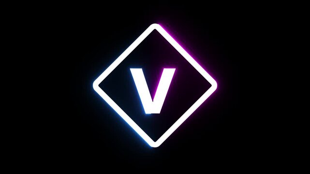 Neon glowing letter v inside diamond shape frame rotating on black background video clip.