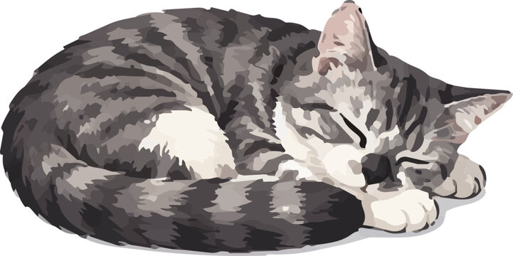 Cozy grey tabby cat curled up sleeping icon vector illustration