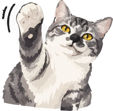 Friendly grey tabby cat waving hand greeting icon vector illustration