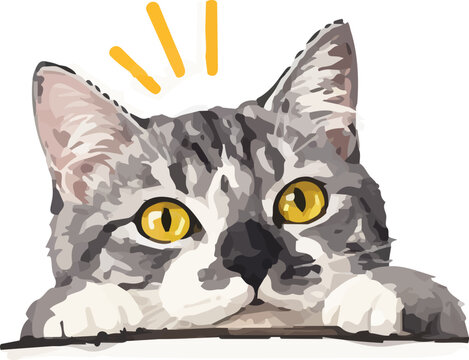 Cute grey tabby cat peeking icon with yellow alert lines vector illustration