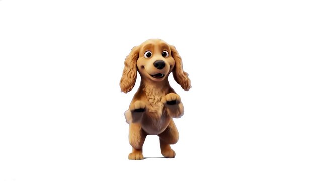 A charming 3D render of a friendly light brown spaniel dog character standing on its hind legs with raised paws, isolated on a clean white background with a soft shadow. Great for pet care marketing, 