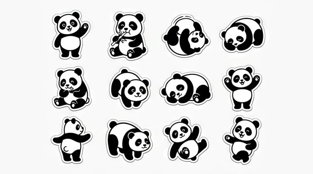 Collection of cute panda stickers in various playful poses.