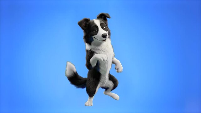 Cheerful 3D cartoon border collie dog standing on hind legs and dancing isolated on a bright blue background. Suitable for pet food commercials, veterinary promos, kids entertainment videos, funny ani