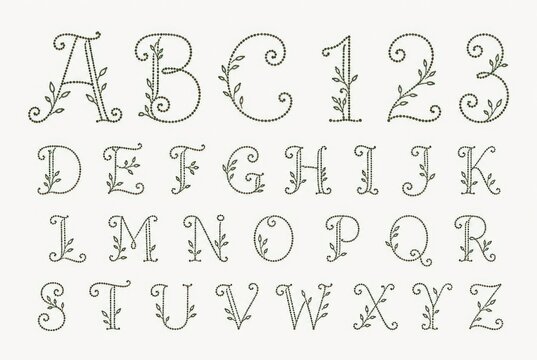 Elegant vintage floral script alphabet and numbers font sheet