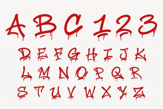 Bold dripping graffiti script alphabet and numbers font sheet
