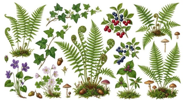 Vintage botanical illustration with ferns and berries